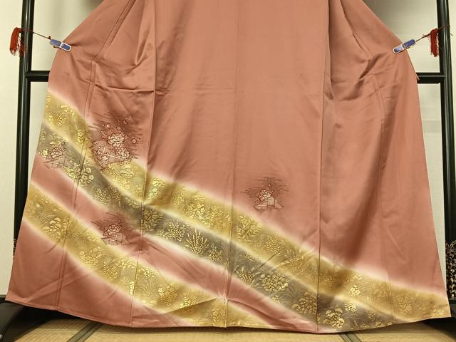 平和屋着物▽中国三大刺繍　汕頭刺繍　スワトウ刺繍　訪問着　単衣　松皮菱花文　暈し染め　金彩　正絹　逸品　AABG7078jh