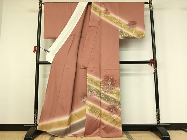 平和屋着物▽中国三大刺繍　汕頭刺繍　スワトウ刺繍　訪問着　単衣　松皮菱花文　暈し染め　金彩　正絹　逸品　AABG7078jh