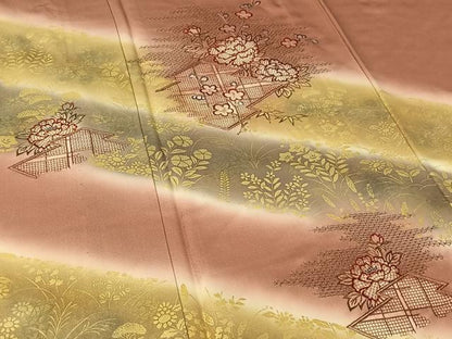 平和屋着物▽中国三大刺繍　汕頭刺繍　スワトウ刺繍　訪問着　単衣　松皮菱花文　暈し染め　金彩　正絹　逸品　AABG7078jh