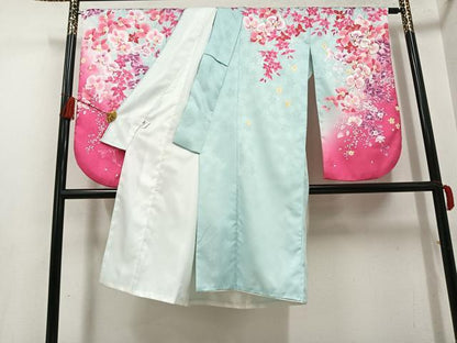 平和屋着物●小振袖　二尺袖　刺繍　草花文　洗える着物　AABG7086ph