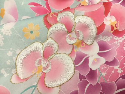 平和屋着物●小振袖　二尺袖　刺繍　草花文　洗える着物　AABG7086ph