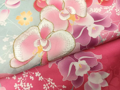 平和屋着物●小振袖　二尺袖　刺繍　草花文　洗える着物　AABG7086ph