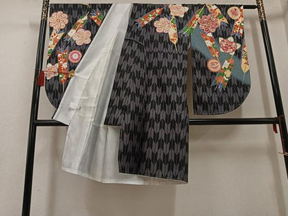平和屋着物●小振袖　二尺袖　舞扇花文　金彩　洗える着物　AABG7089ph