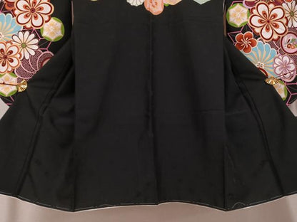 平和屋着物●小振袖　二尺袖　兎花文　黒地　金彩　洗える着物　未使用　AABG7091ph