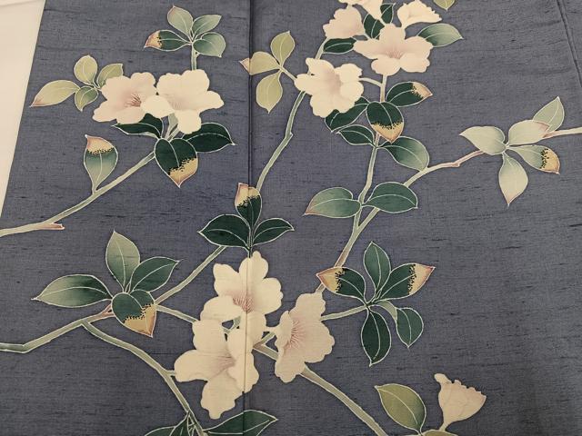 平和屋着物●訪問着　紬地　友禅　作家物　枝椿　正絹　逸品　AABG7094ph