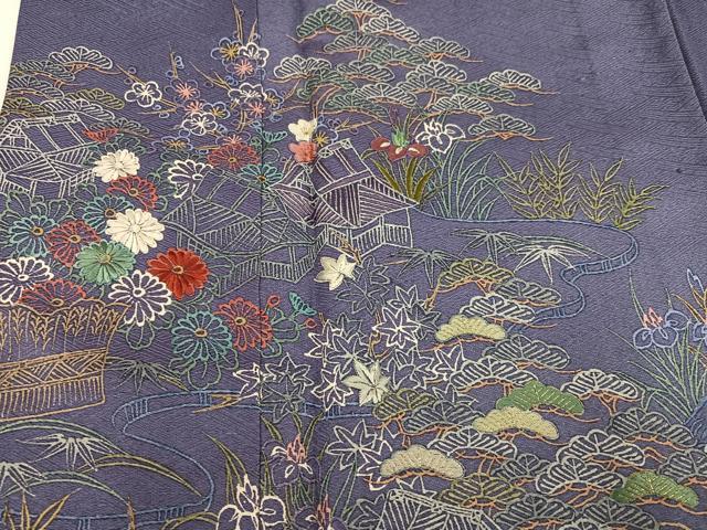 平和屋着物●訪問着　刺繍　松竹梅　風景文　金糸　正絹　逸品　AABG7095ph