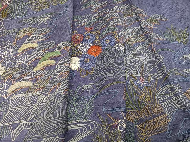 平和屋着物●訪問着　刺繍　松竹梅　風景文　金糸　正絹　逸品　AABG7095ph