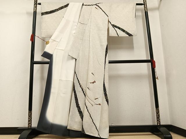 平和屋着物●訪問着　絞り　刺繍　舞扇花文　金彩　正絹　逸品　AABG7096ph