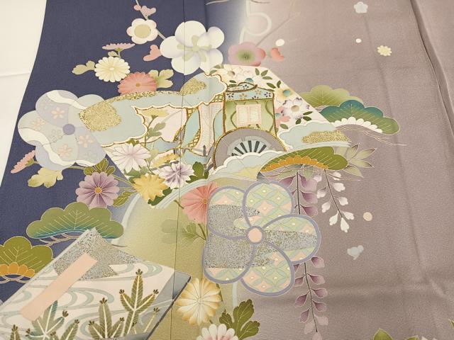 平和屋着物●訪問着　友禅　駒刺繍　御所車花冊子文　暈し染め　金彩　正絹　逸品　AABG7097ph