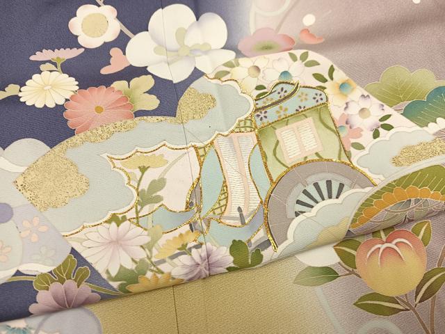 平和屋着物●訪問着　友禅　駒刺繍　御所車花冊子文　暈し染め　金彩　正絹　逸品　AABG7097ph