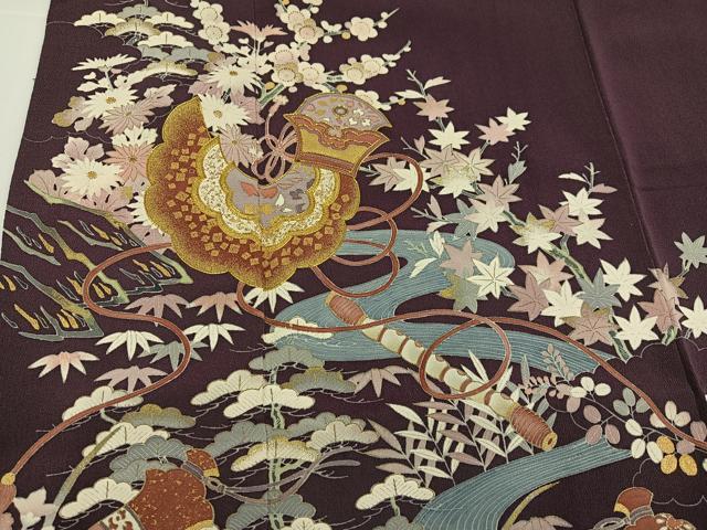 平和屋着物●豪華色留袖　友禅　駒刺繍　松竹梅楽器文　金彩　正絹　逸品　AABG7119ph