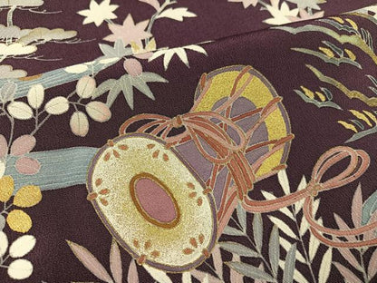 平和屋着物●豪華色留袖　友禅　駒刺繍　松竹梅楽器文　金彩　正絹　逸品　AABG7119ph