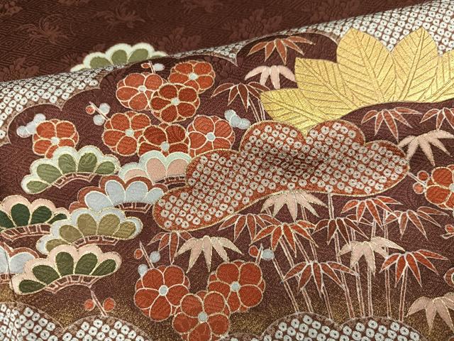 平和屋着物●豪華色留袖　駒刺繍　松竹梅　金彩　反端付き　正絹　逸品　AABG7127ph