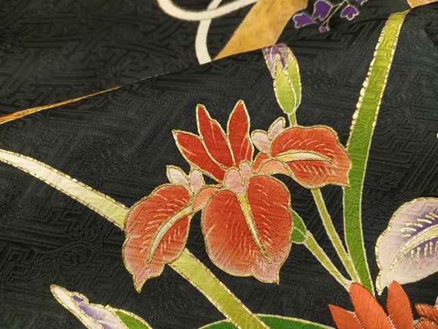 平和屋着物●豪華振袖　駒刺繍　草花文　黒地　金彩　正絹　逸品　未使用　AABG7128ph