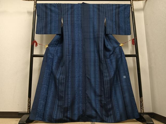 平和屋着物●上質な小紋　作家物　紬地　藍　更紗間道　正絹　逸品　AABG7135ph