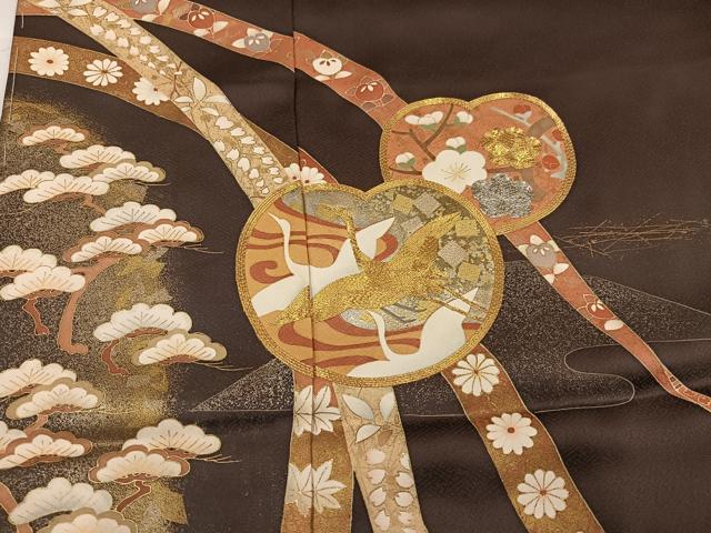 平和屋着物●色留訪問着　駒刺繍　群れ鶴草花文　金彩　丹後ちりめん　仮絵羽　正絹　逸品　未使用　AABG7137ph