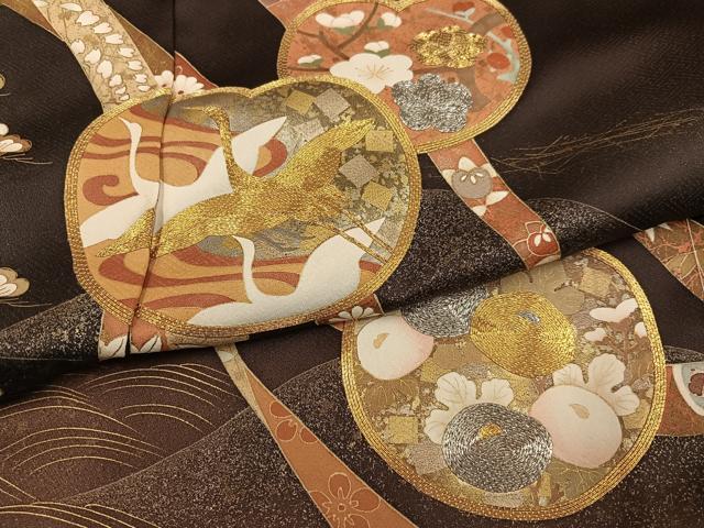 平和屋着物●色留訪問着　駒刺繍　群れ鶴草花文　金彩　丹後ちりめん　仮絵羽　正絹　逸品　未使用　AABG7137ph