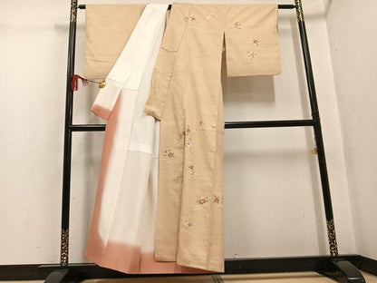 平和屋着物●訪問着　友禅　紬地　草花文　金彩　正絹　逸品　AABG7138ph