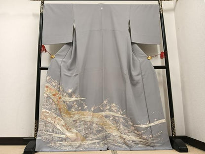 平和屋着物●豪華色留袖　友禅　駒刺繍　風景草花文　金彩　正絹　逸品　AABG7139ph