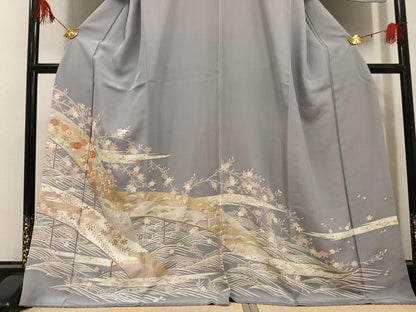 平和屋着物●豪華色留袖　友禅　駒刺繍　風景草花文　金彩　正絹　逸品　AABG7139ph