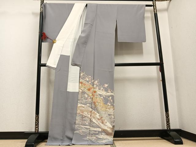 平和屋着物●豪華色留袖　友禅　駒刺繍　風景草花文　金彩　正絹　逸品　AABG7139ph