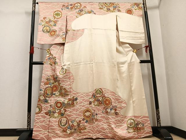 平和屋着物●訪問着　駒刺繍　飛鶴草花文　金彩　正絹　逸品　AABG7145ph
