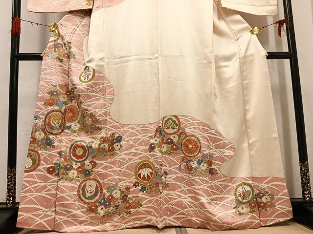平和屋着物●訪問着　駒刺繍　飛鶴草花文　金彩　正絹　逸品　AABG7145ph