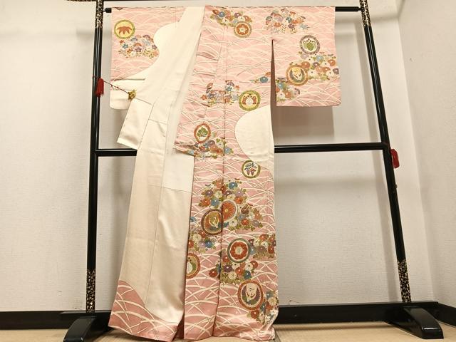平和屋着物●訪問着　駒刺繍　飛鶴草花文　金彩　正絹　逸品　AABG7145ph