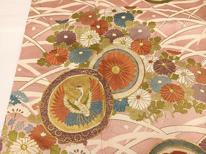 平和屋着物●訪問着　駒刺繍　飛鶴草花文　金彩　正絹　逸品　AABG7145ph