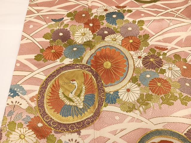 平和屋着物●訪問着　駒刺繍　飛鶴草花文　金彩　正絹　逸品　AABG7145ph