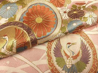 平和屋着物●訪問着　駒刺繍　飛鶴草花文　金彩　正絹　逸品　AABG7145ph