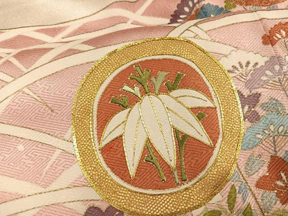 平和屋着物●訪問着　駒刺繍　飛鶴草花文　金彩　正絹　逸品　AABG7145ph