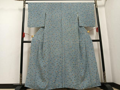 平和屋着物●上質な小紋　型染め　藍　市松文　鬼しぼ縮緬　正絹　逸品　AABG7160ph