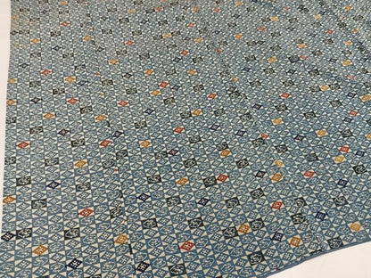 平和屋着物●上質な小紋　型染め　藍　市松文　鬼しぼ縮緬　正絹　逸品　AABG7160ph
