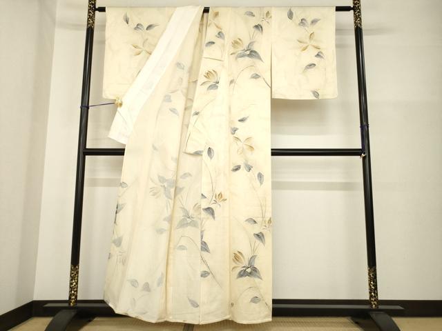 平和屋着物▽上質な小紋 単衣 草花文 地紋起こし たたき染め 正絹 逸品 AABG7204ck