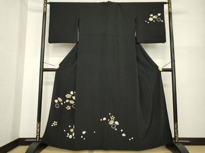 平和屋着物▽訪問着　単衣　辻が花　地紙花文　黒地　正絹　逸品　AABG7208ck