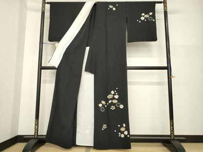 平和屋着物▽訪問着　単衣　辻が花　地紙花文　黒地　正絹　逸品　AABG7208ck