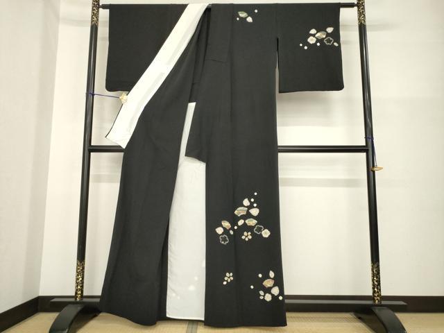 平和屋着物▽訪問着　単衣　辻が花　地紙花文　黒地　正絹　逸品　AABG7208ck