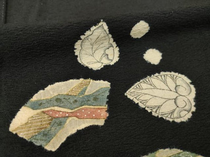 平和屋着物▽訪問着　単衣　辻が花　地紙花文　黒地　正絹　逸品　AABG7208ck