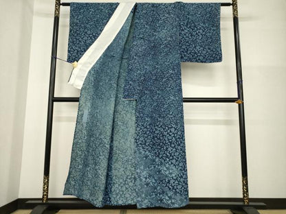 平和屋着物▽阿波藍染 阿波友禅 徳島県無形文化財保持者 香川卓美 小紋 単衣 藍 吉祥飛鶴花文 正絹 逸品 AABG7210ck