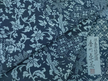 平和屋着物▽阿波藍染 阿波友禅 徳島県無形文化財保持者 香川卓美 小紋 単衣 藍 吉祥飛鶴花文 正絹 逸品 AABG7210ck