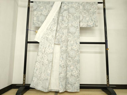 平和屋着物▽上質な小紋 単衣 陶器花文 正絹 逸品 AABG7213ck