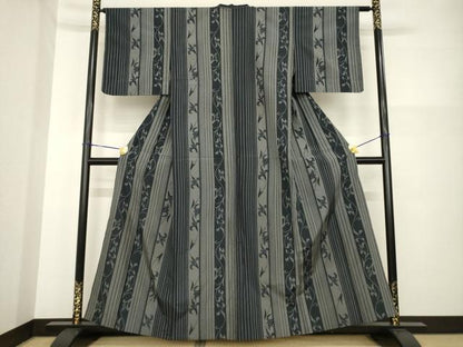 平和屋着物▽上質な紬 単衣 花蔦草間道 黒地 正絹 逸品 AABG7229ck
