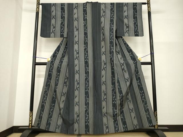 平和屋着物▽上質な紬 単衣 花蔦草間道 黒地 正絹 逸品 AABG7229ck