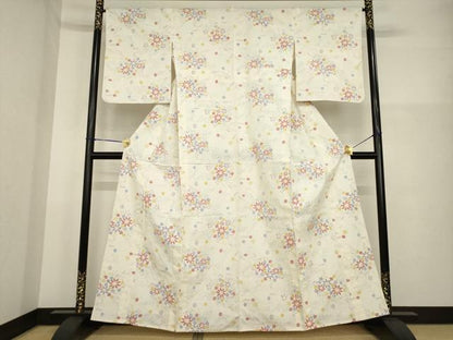 平和屋着物▽上質な紬　単衣　草花文　正絹　逸品　AABG7242ck