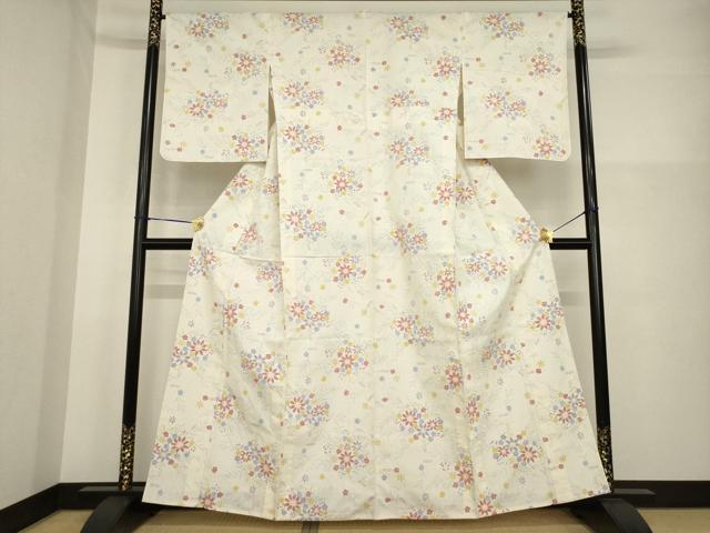 平和屋着物▽上質な紬　単衣　草花文　正絹　逸品　AABG7242ck