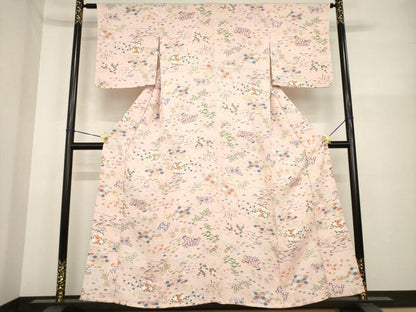 平和屋着物▽上質な小紋　単衣　流水花文　正絹　逸品　AABG7243ck