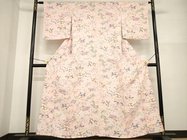平和屋着物▽上質な小紋　単衣　流水花文　正絹　逸品　AABG7243ck