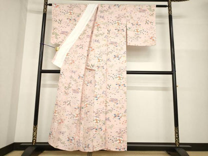 平和屋着物▽上質な小紋　単衣　流水花文　正絹　逸品　AABG7243ck