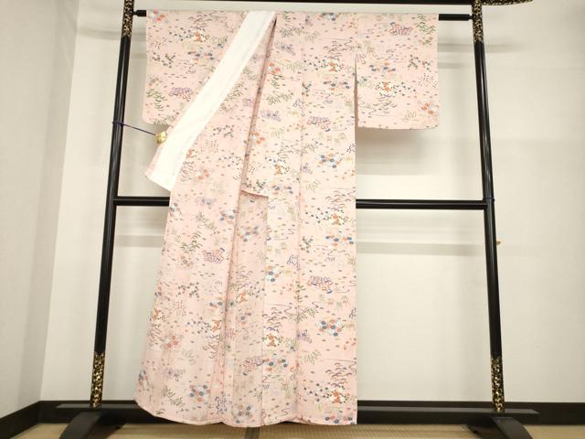 平和屋着物▽上質な小紋　単衣　流水花文　正絹　逸品　AABG7243ck